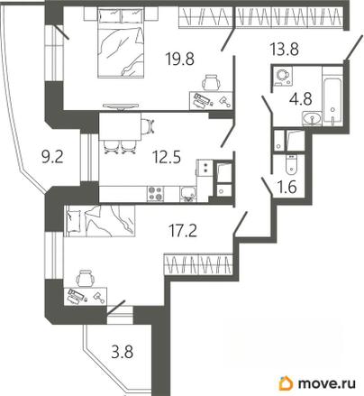 2-комн. квартира, 74.4 м&sup2;