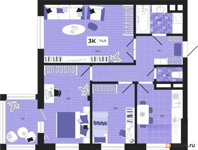 3-комн. квартира, 74.9 м&sup2;
