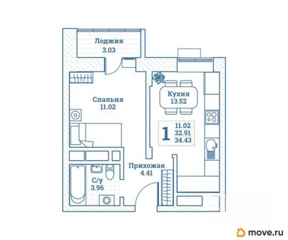 1-комн. квартира, 34.43 м&sup2;