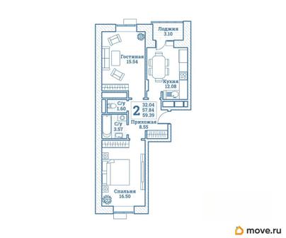 2-комн. квартира, 59.39 м&sup2;