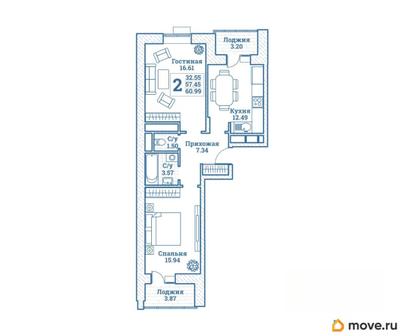 2-комн. квартира, 60.99 м&sup2;