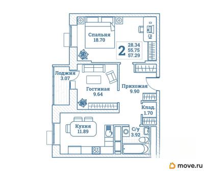 2-комн. квартира, 57.29 м&sup2;