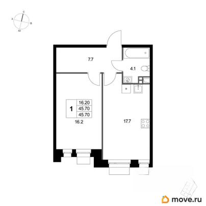 1-комн. квартира, 45.7 м&sup2;