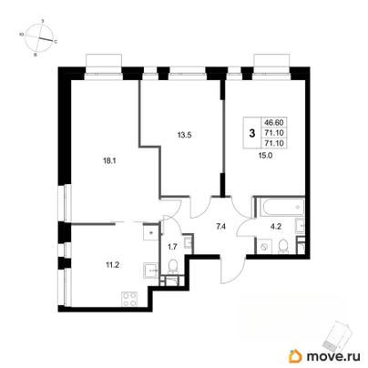 3-комн. квартира, 71.1 м&sup2;