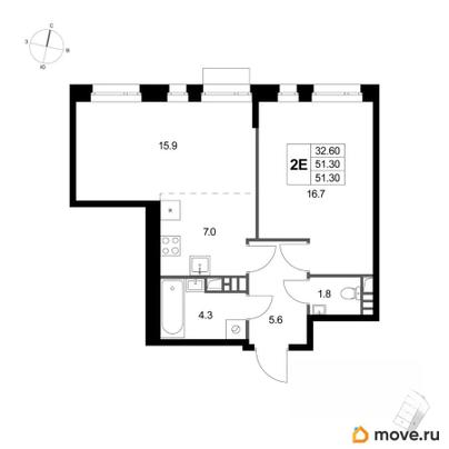 2-комн. квартира, 51.3 м&sup2;