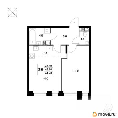 2-комн. квартира, 44.7 м&sup2;