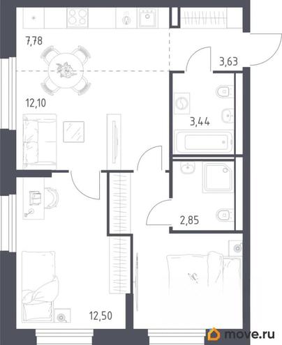 2-комн. квартира, 55.1 м&sup2;