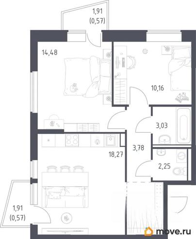 2-комн. квартира, 57.1 м&sup2;