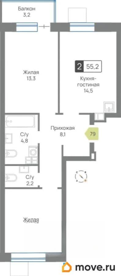 2-комн. квартира, 55.2 м&sup2;