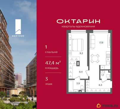 1-комн. квартира, 47.4 м&sup2;