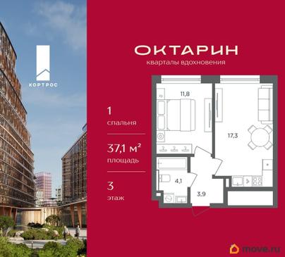 1-комн. квартира, 37.1 м&sup2;