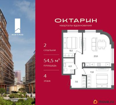 2-комн. квартира, 54.5 м&sup2;