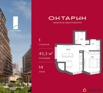 1-комн. квартира, 43.3 м&sup2;