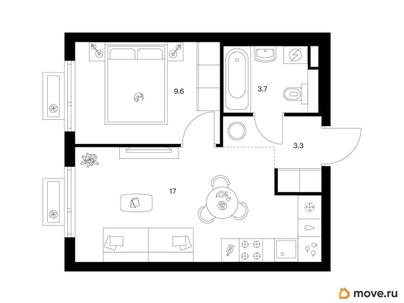 1-комн. квартира, 33.6 м&sup2;