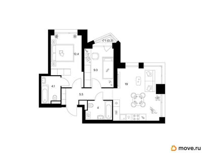 2-комн. квартира, 54.4 м&sup2;