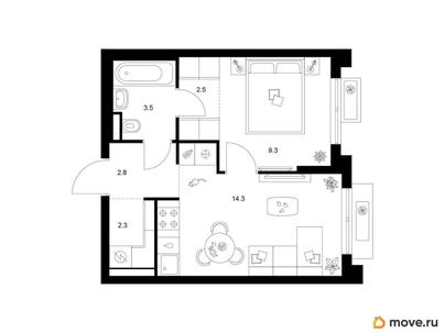 1-комн. квартира, 34.7 м&sup2;