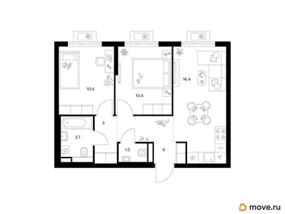 2-комн. квартира, 51.4 м&sup2;