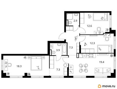 3-комн. квартира, 84 м&sup2;