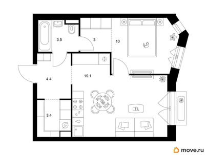 1-комн. квартира, 43.4 м&sup2;