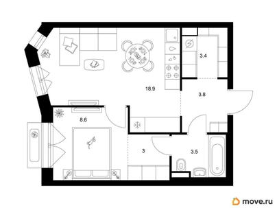 1-комн. квартира, 41.2 м&sup2;