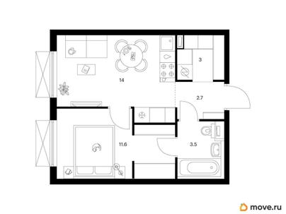 1-комн. квартира, 34.8 м&sup2;