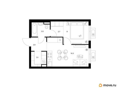 1-комн. квартира, 34.5 м&sup2;