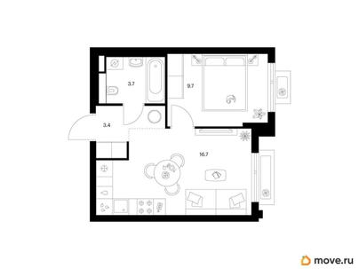 1-комн. квартира, 33.5 м&sup2;