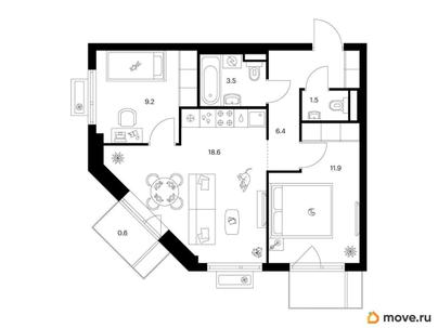 2-комн. квартира, 52.3 м&sup2;