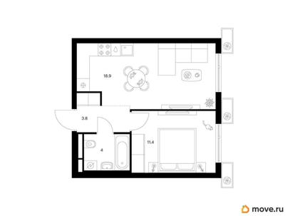 1-комн. квартира, 38.1 м&sup2;