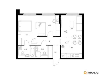 2-комн. квартира, 57 м&sup2;