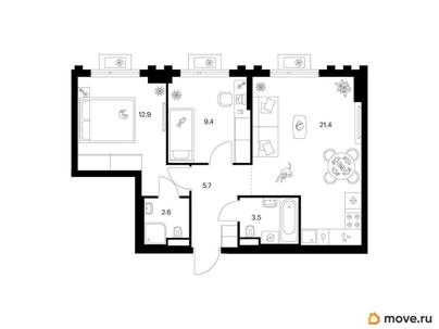 2-комн. квартира, 55.5 м&sup2;