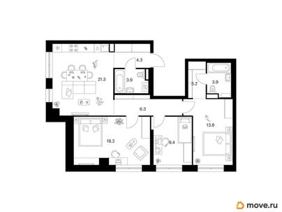 3-комн. квартира, 84.3 м&sup2;