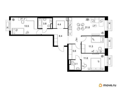 3-комн. квартира, 83.5 м&sup2;
