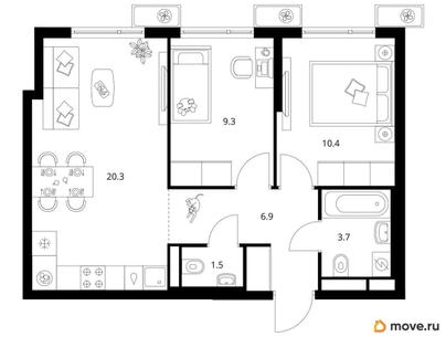 2-комн. квартира, 52.1 м&sup2;