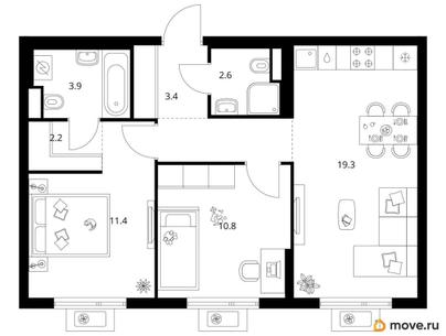 2-комн. квартира, 57.1 м&sup2;
