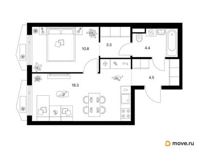 1-комн. квартира, 41.3 м&sup2;