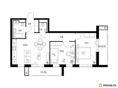 2-комн. квартира, 58.4 м&sup2;