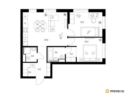 2-комн. квартира, 60.8 м&sup2;