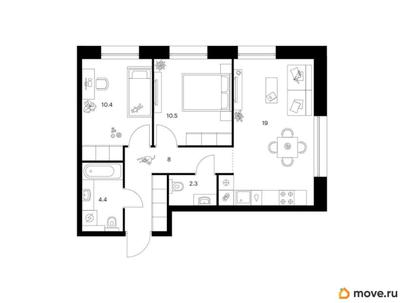 2-комн. квартира, 54.6 м&sup2;