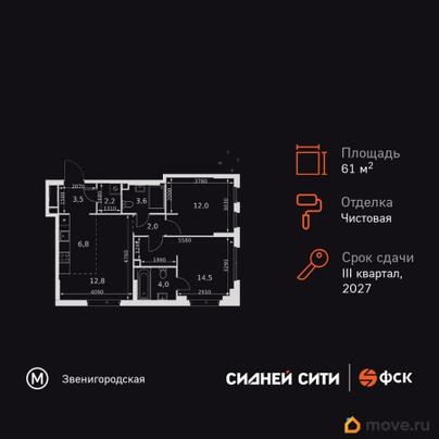 3-комн. квартира, 61.4 м&sup2;