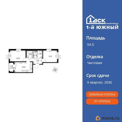 2-комн. квартира, 54.5 м&sup2;