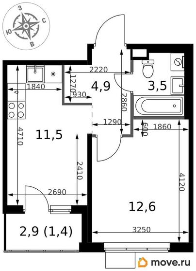 1-комн. квартира, 33.9 м&sup2;