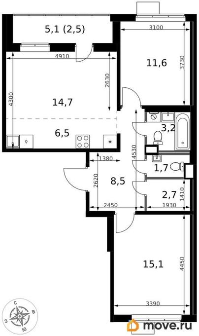3-комн. квартира, 66.5 м&sup2;