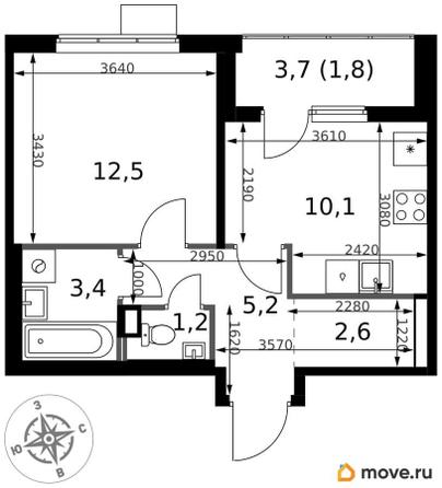 1-комн. квартира, 36.8 м&sup2;