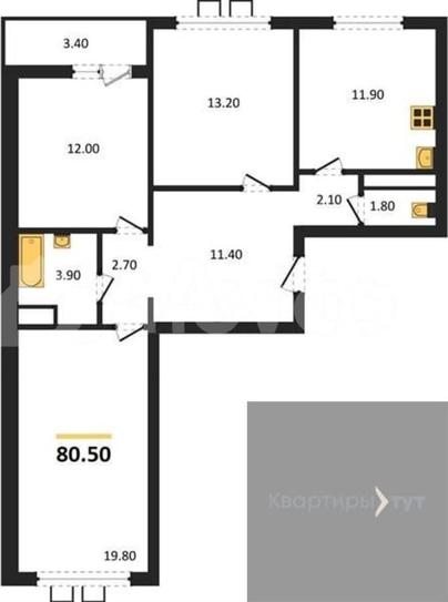 3-комн. квартира, 80.5 м&sup2;