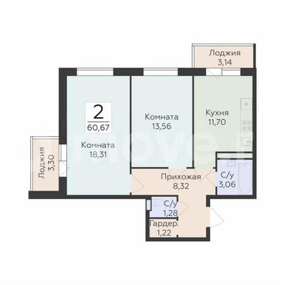 2-комн. квартира, 60.7 м&sup2;
