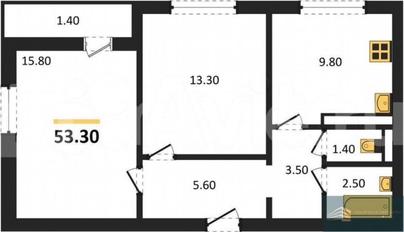 2-комн. квартира, 53.3 м&sup2;
