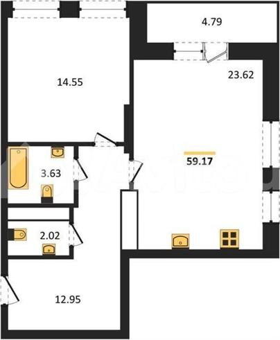 1-комн. квартира, 59.2 м&sup2;