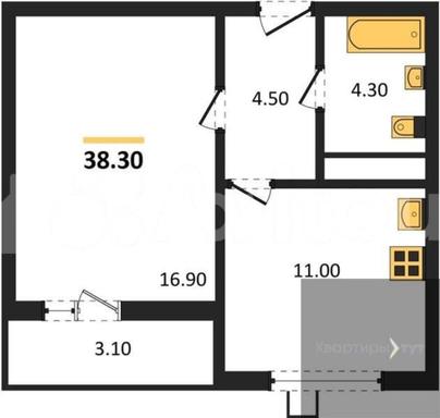 1-комн. квартира, 38.3 м&sup2;