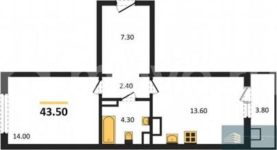 1-комн. квартира, 43.5 м&sup2;